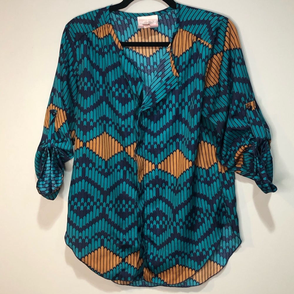 Romeo & Juliet Teal Navy Geometric Printed Tunic Blouse